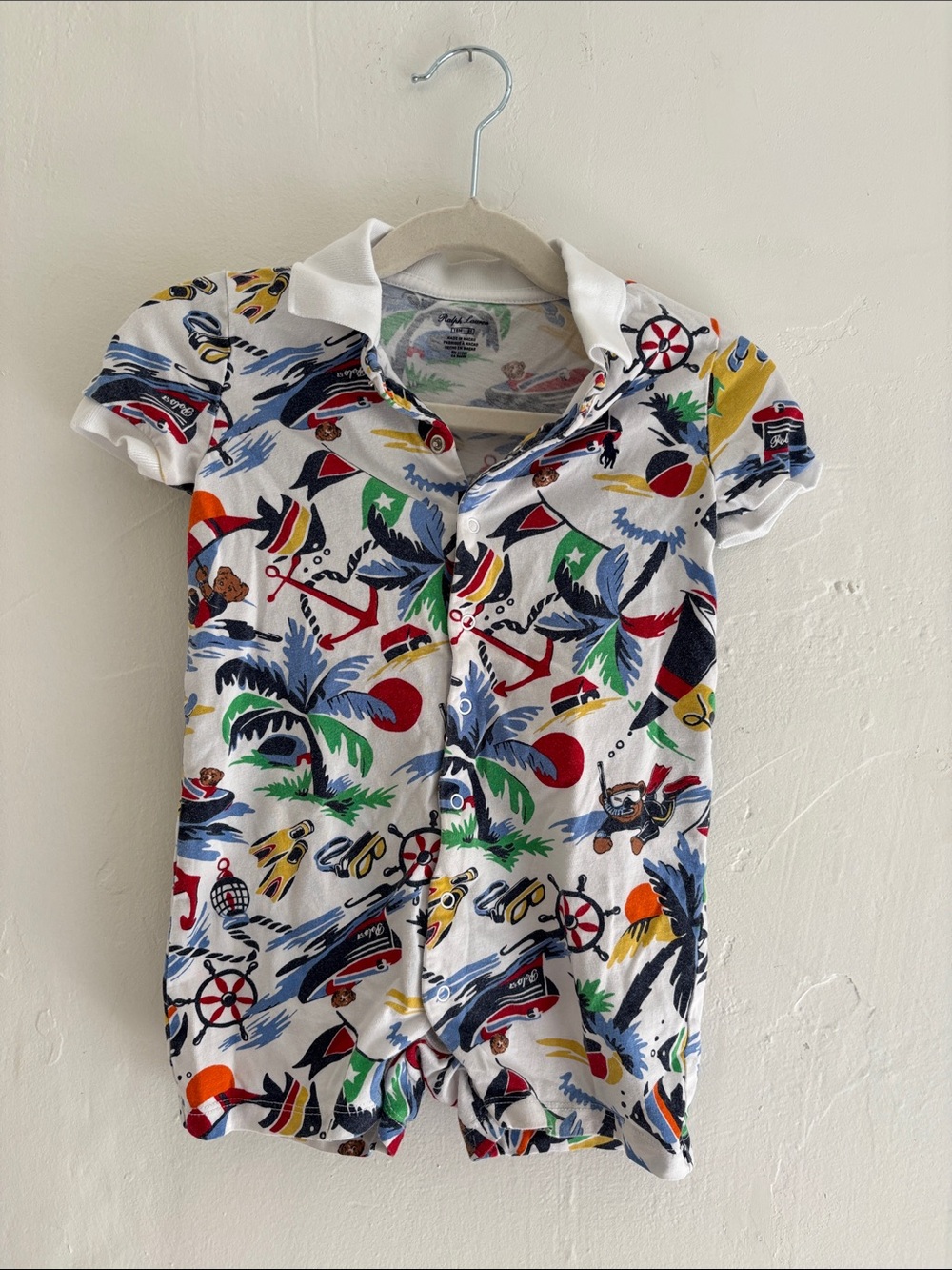 Ralph Lauren White Multicolor Nautical Print Romper